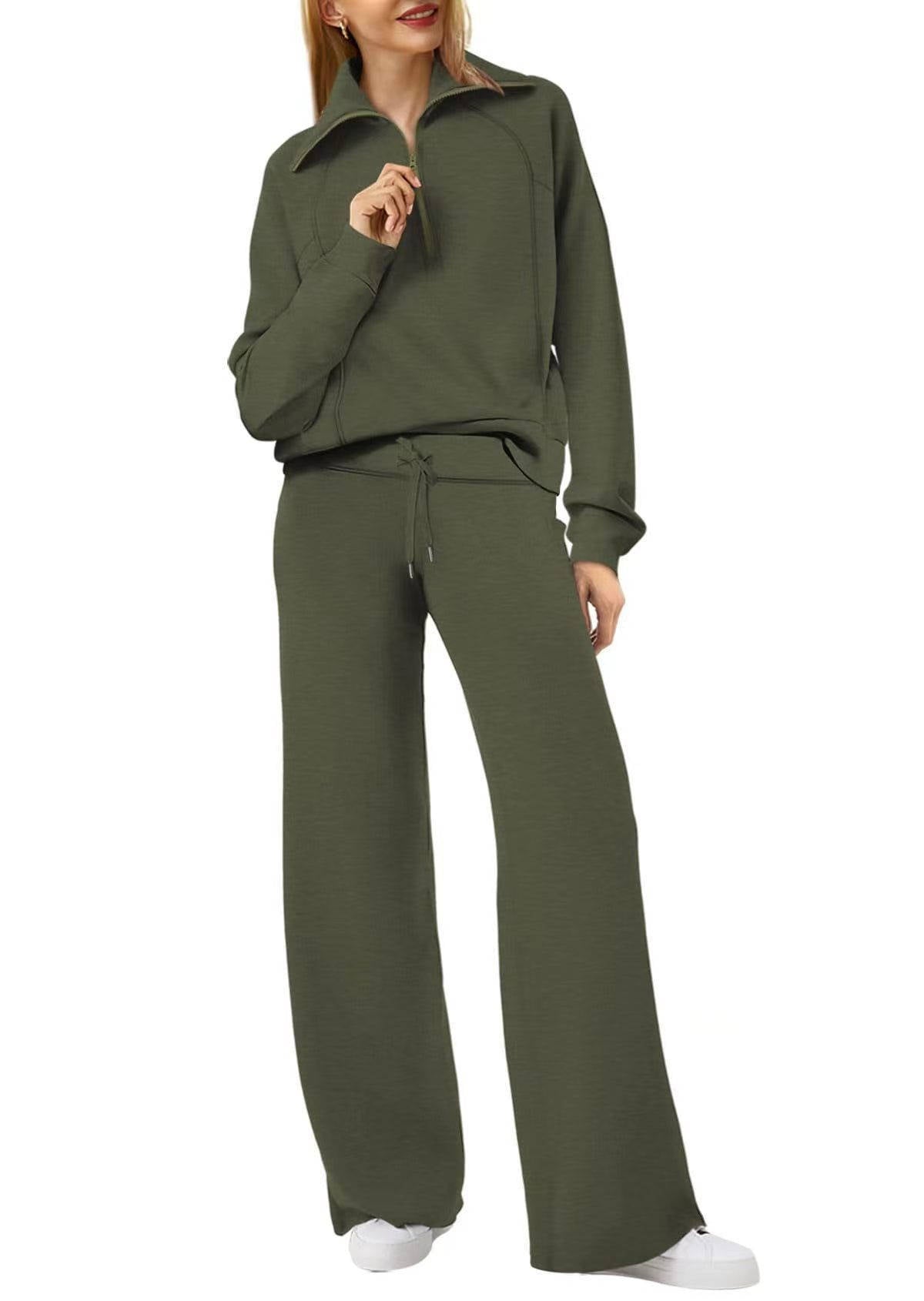 Women's 2 Piece Outfits, Casual Lapel Half Zip Sweatshirt and Wide Leg Pants Tracksuit Set