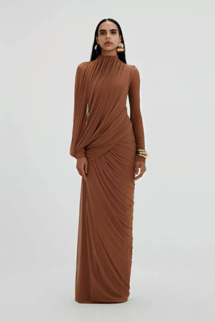 Womens High Neck Maxi Dress, Long Sleeve Draped Wedding Guest Dress, Elegant Formal Evening Dress