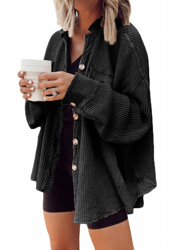 Oversized Waffle Knit Shirt Women Fall Shacket, Corduroy Long Sleeve Button Down Shirt Jacket
