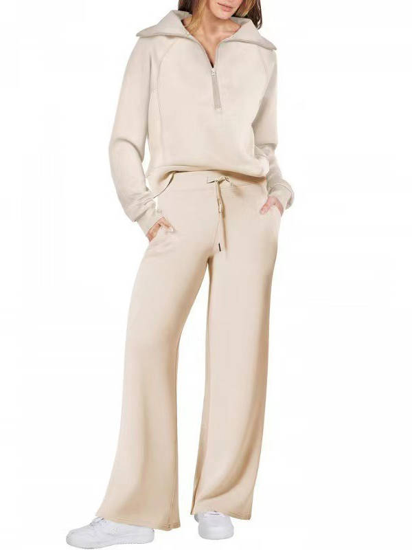 Women's 2 Piece Outfits, Casual Lapel Half Zip Sweatshirt and Wide Leg Pants Tracksuit Set