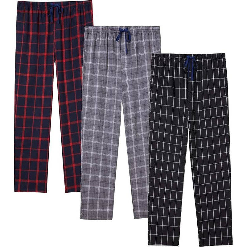 3 Pack Men's Pajama Pants, Lightweight Cotton Plaid Lounge Pants, Pockets and Button Fly