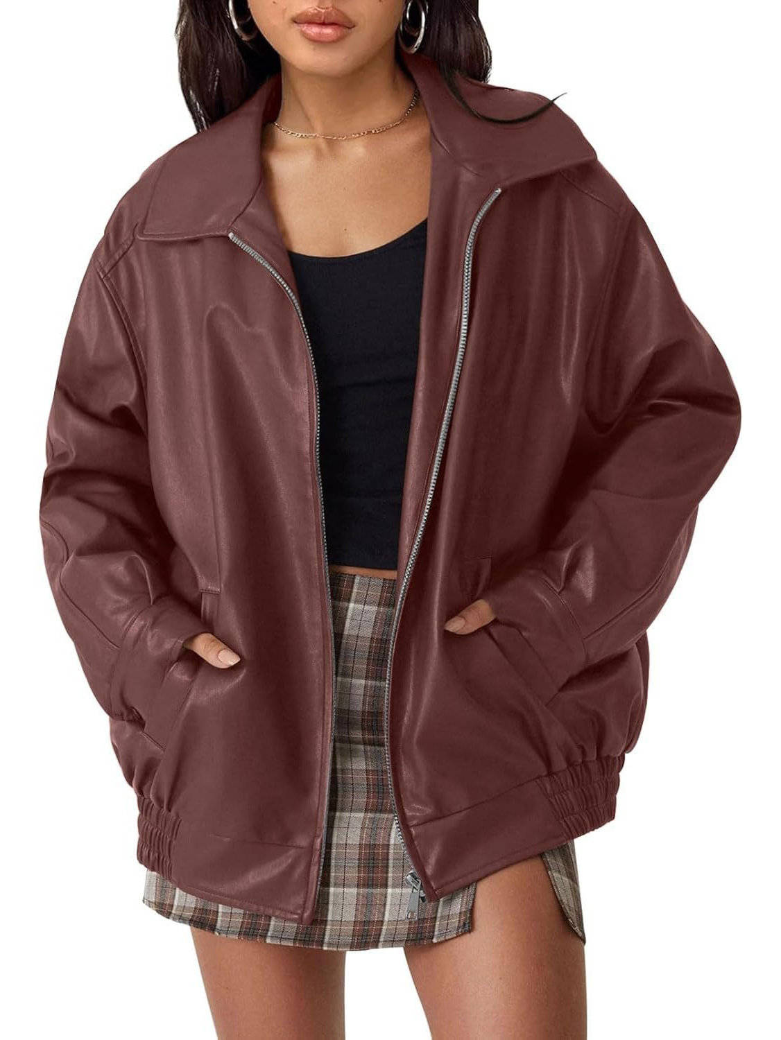 Womens Oversized Faux Leather Jacket, Boyfriend Biker Moto Coat, Medium Weight Fall Winter Outerwear
