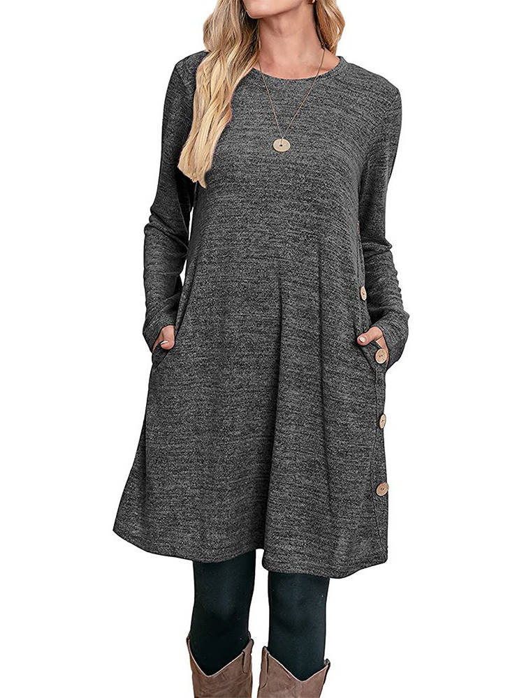 Womens Fall Dress, Crew Neck Long Sleeve Dress, Casual Midi Dress with Pockets
