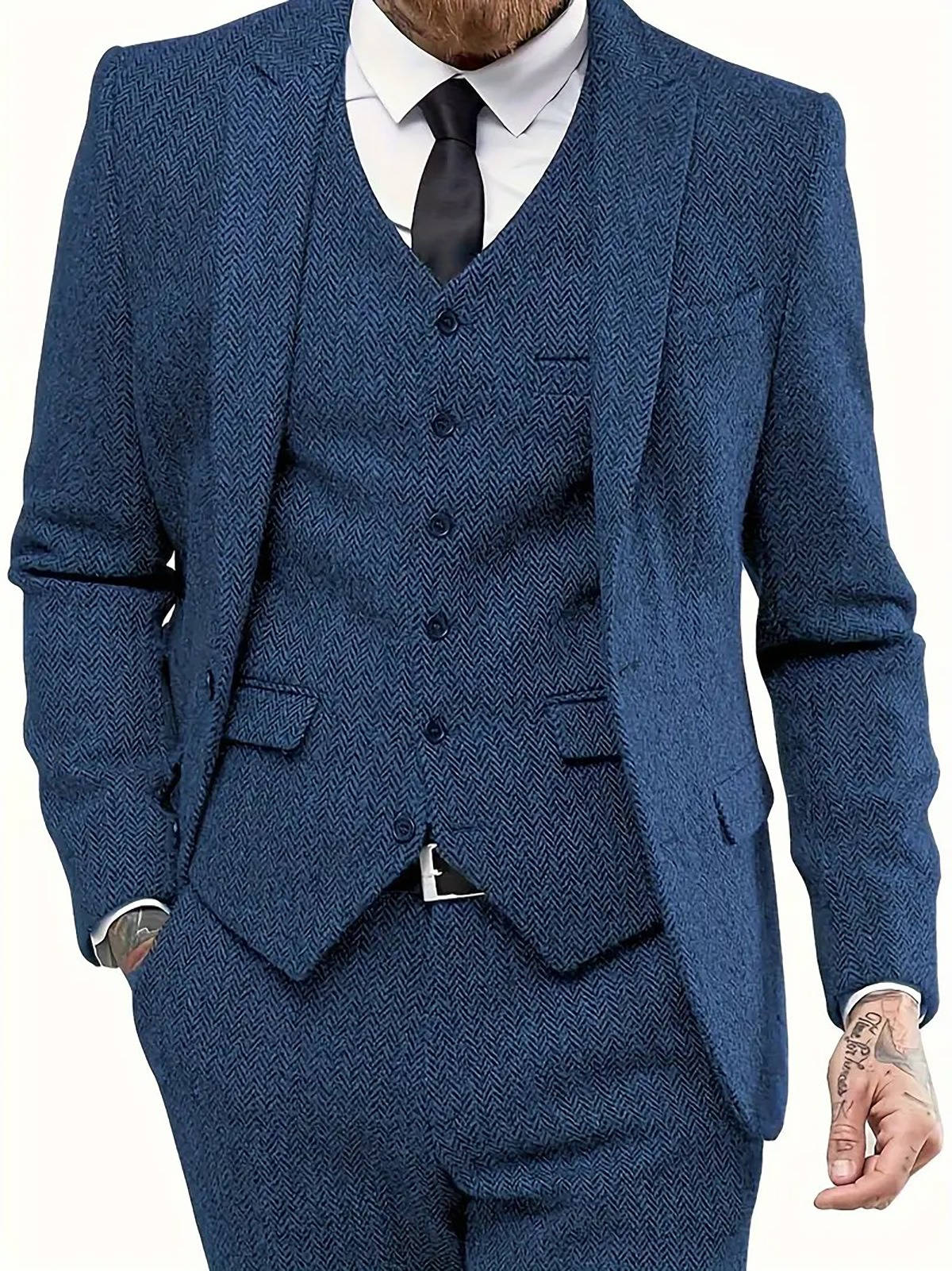 Men's 3 Piece Tweed Suit, Herringbone Blazer, Vest & Pants, Formal Business & Groom Outfit