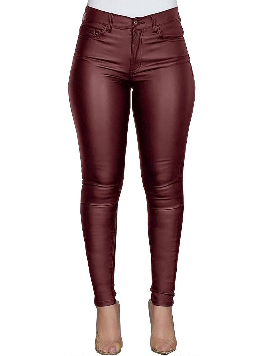 Womens Leather Pants, High Waist Skinny Thermal Lined Leggings, Casual Slim Fit Trousers