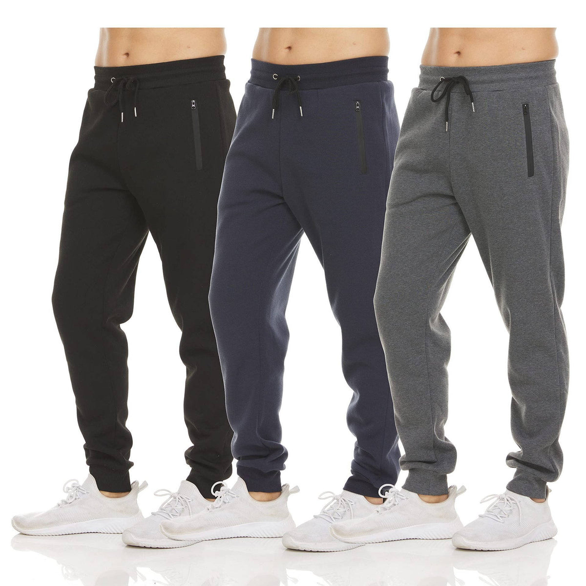Mens Sweatpants 3 Pack, Fleece Athletic Joggers, Workout Pants with Zipper Pockets