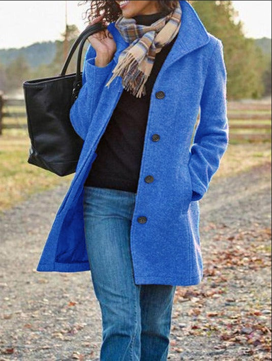 Women's Wool Blend Pea Coat, Button Front, Long Sleeve Winter Jacket
