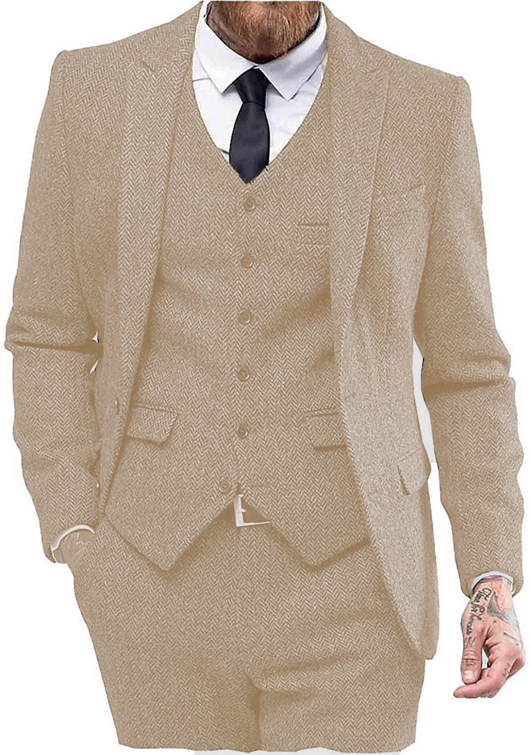 Men's 3 Piece Tweed Suit, Herringbone Blazer, Vest & Pants, Formal Business & Groom Outfit