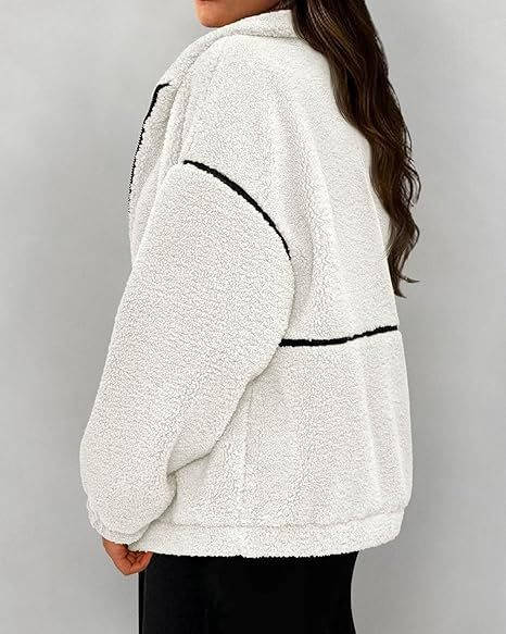 Womens Fleece Zip Up Jacket, Oversized Color Block Teddy Coat with Pockets, Warm Fall Winter Outerwear