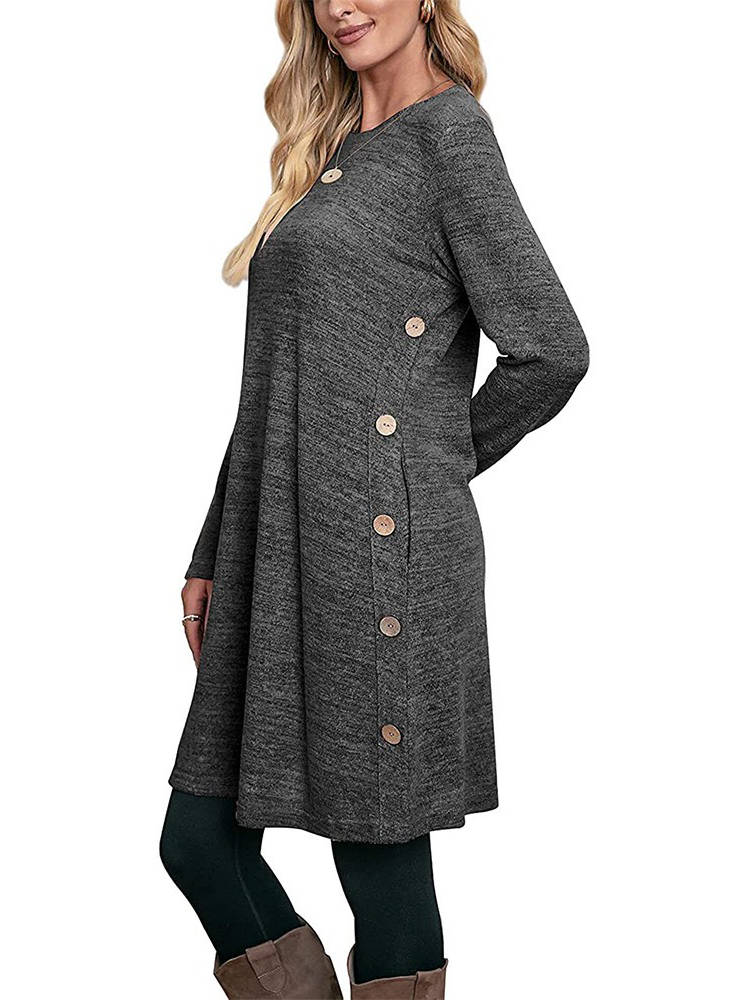 Womens Fall Dress, Crew Neck Long Sleeve Dress, Casual Midi Dress with Pockets