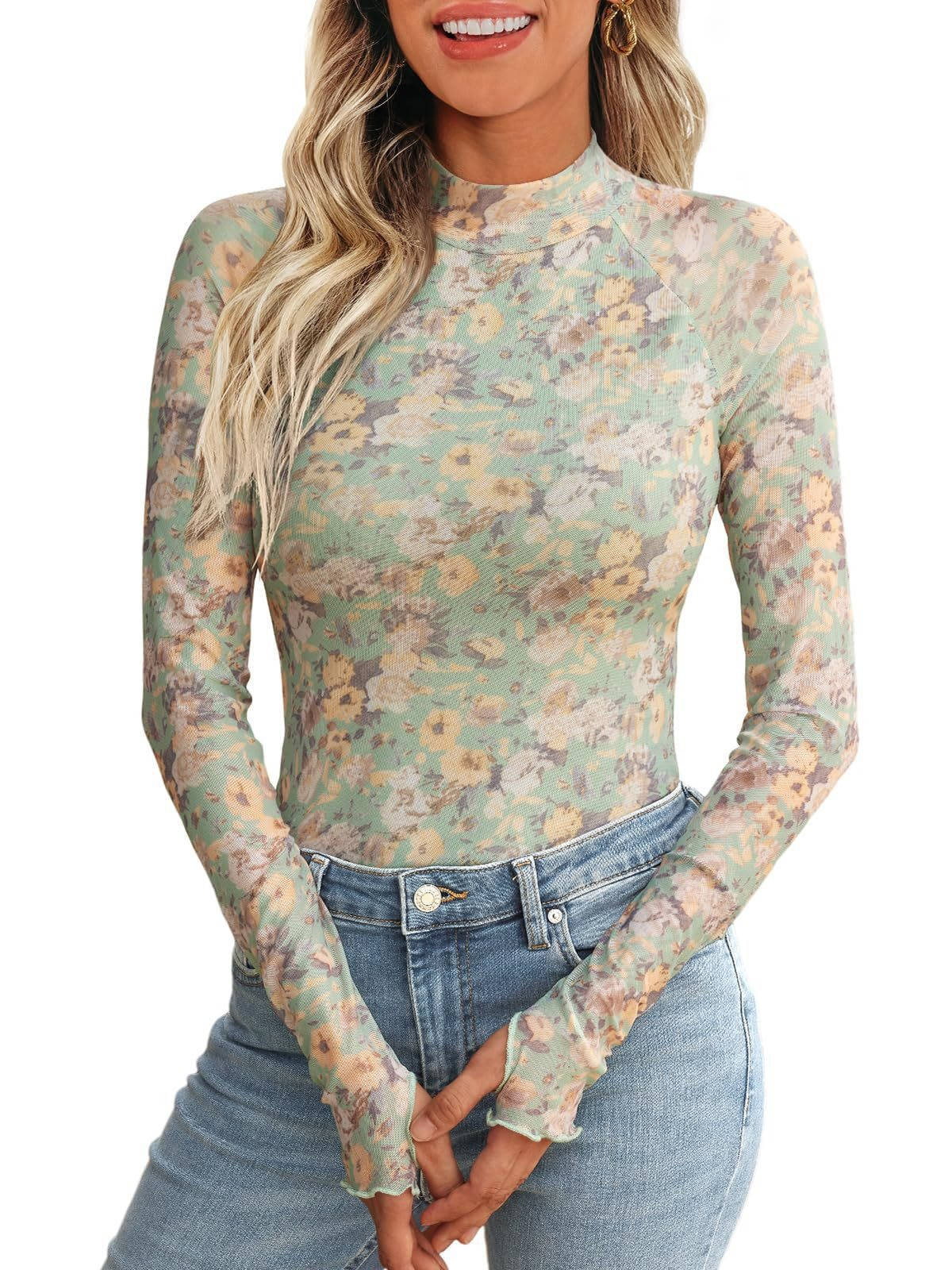 Women's Lace Sheer Floral Mesh Tops, Slim Fitted Lightweight Going Out Top, Fashion Fall Outfits with Thumb Holes