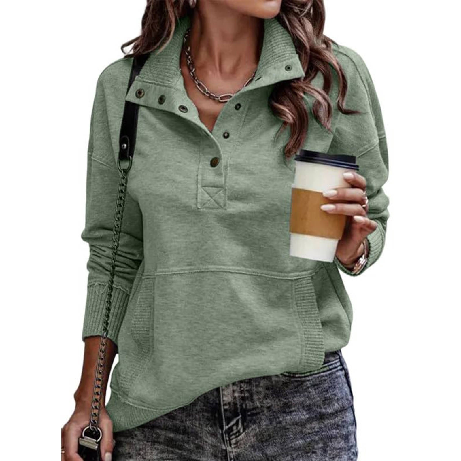 Women's Casual Long Sleeve Stand Neck Sweatshirt, Lightweight Button Drawstring Pullover Top, V Neck Plus Size Clothes 2026