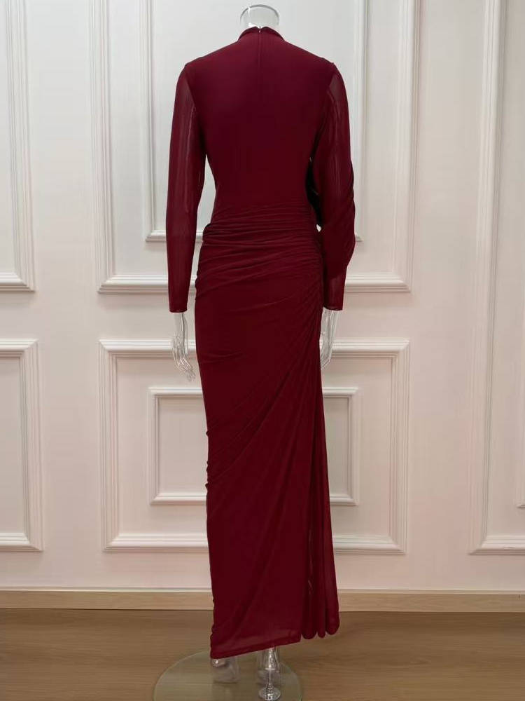 Womens High Neck Maxi Dress, Long Sleeve Draped Wedding Guest Dress, Elegant Formal Evening Dress
