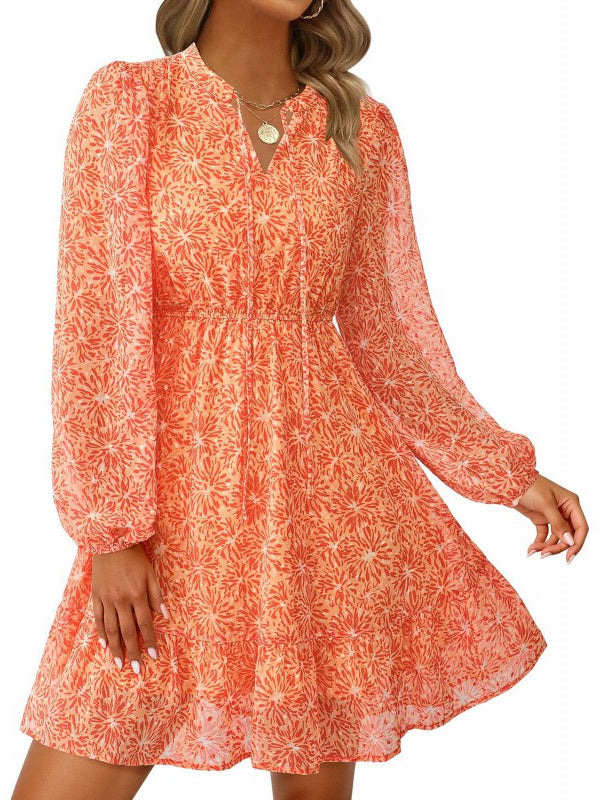 Women's Fall Boho Dresses, 2026 Floral Long Sleeve V Neck Mini Flowy Wedding Guest Dress, Trendy Vacation Outfit