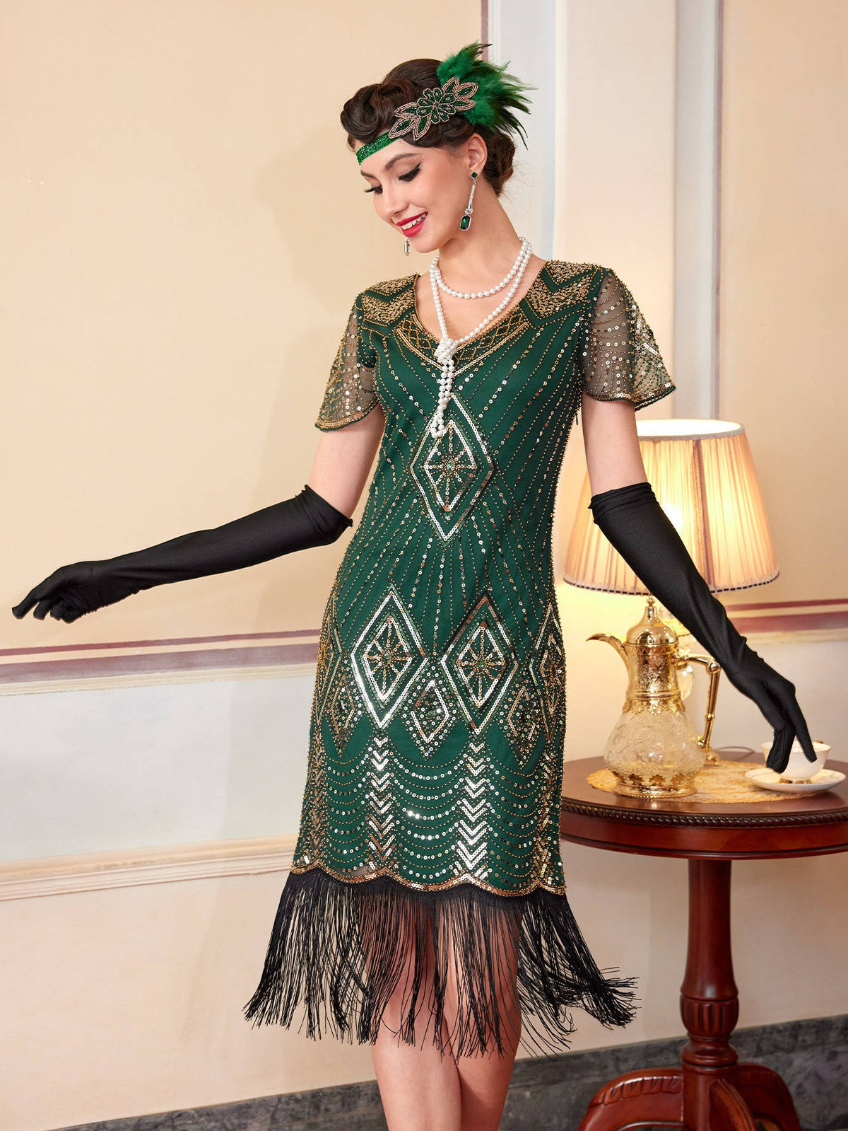 Womens Flapper 1920s Dress, Great Gatsby Roaring 20s Costume, Beaded Sheer Sleeves with Accessories