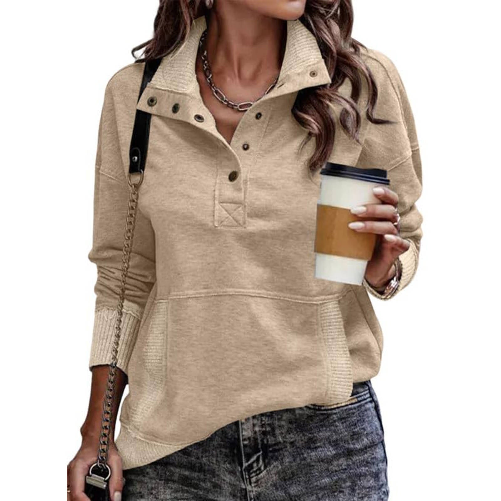 Women's Casual Long Sleeve Stand Neck Sweatshirt, Lightweight Button Drawstring Pullover Top, V Neck Plus Size Clothes 2026