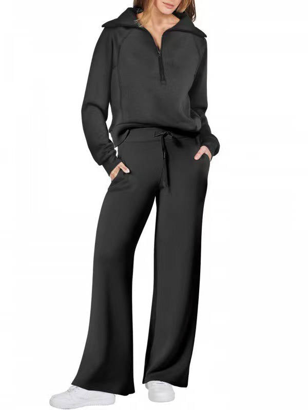 Women's 2 Piece Outfits, Casual Lapel Half Zip Sweatshirt and Wide Leg Pants Tracksuit Set