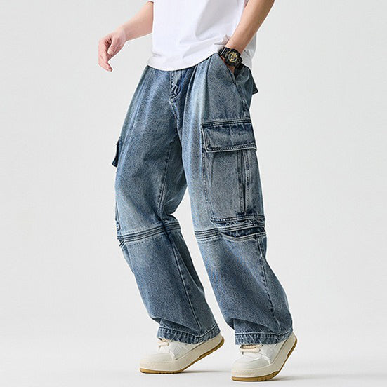 Mens Heavyweight Jeans Cargo Baggy Pants, Durable Loose Fit Cargo Denim for Casual Streetwear
