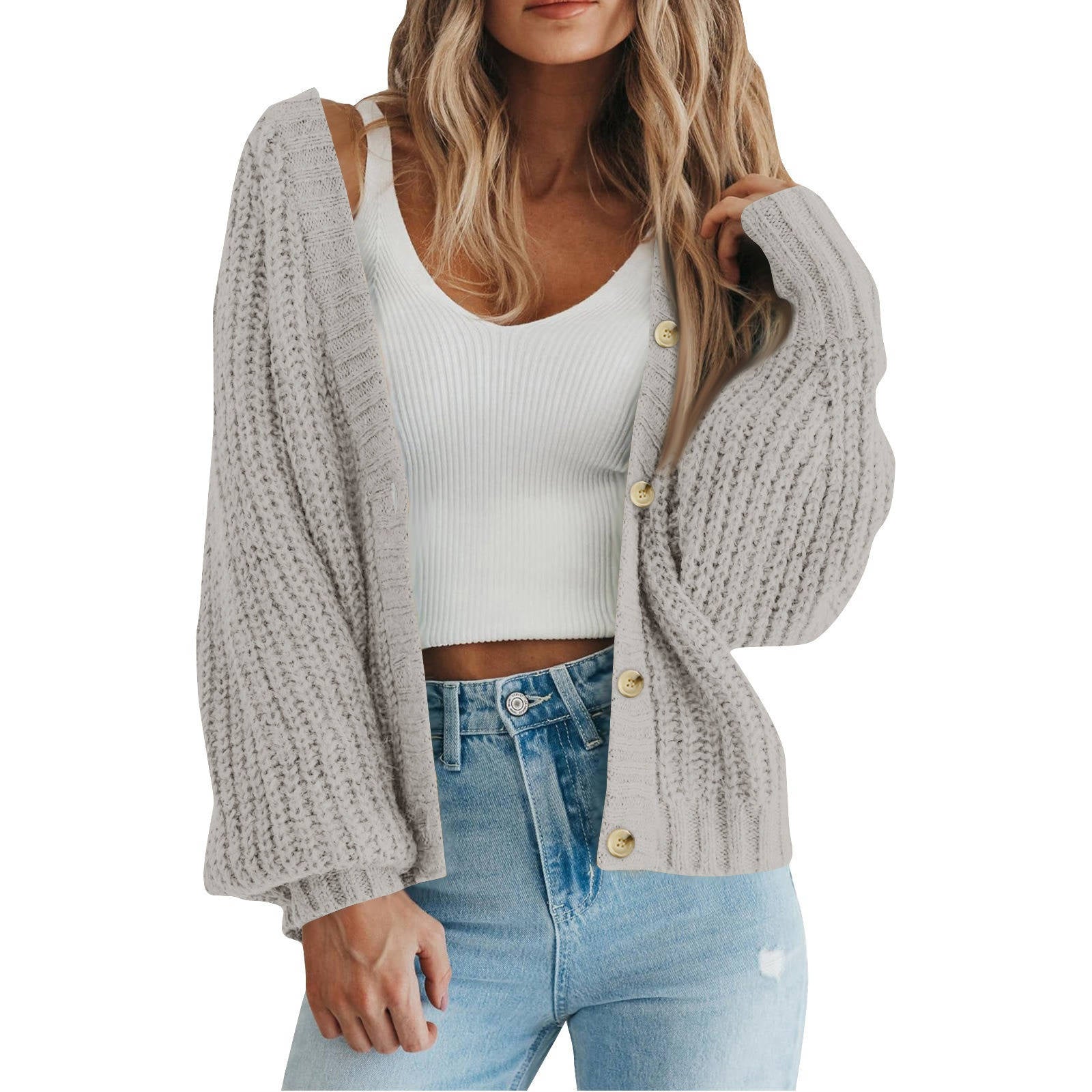 Women's Chunky Knit Open Front Sweater, Long Sleeve Button Loose Short Cardigan Outerwear Coat