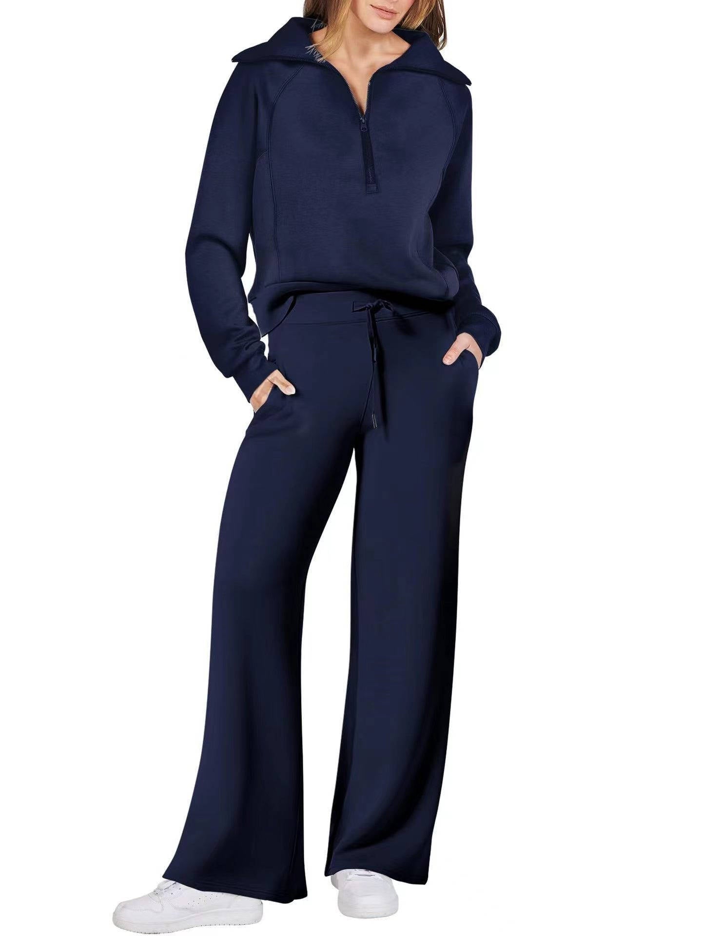 Women's 2 Piece Outfits, Casual Lapel Half Zip Sweatshirt and Wide Leg Pants Tracksuit Set