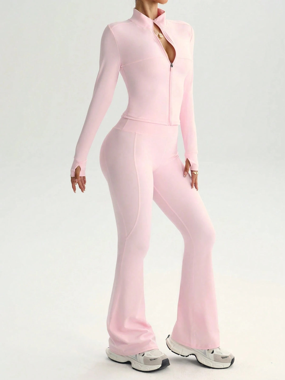 2 Piece Womens Activewear Set, Full Zip Stand Collar Jacket with Thumbholes and High Waisted Flared Pants for Yoga Gym Running