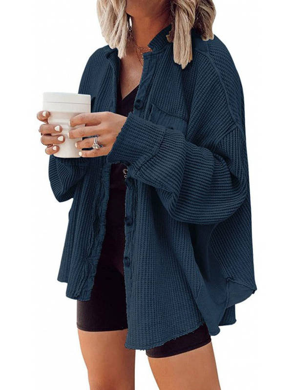 Oversized Waffle Knit Shirt Women Fall Shacket, Corduroy Long Sleeve Button Down Shirt Jacket