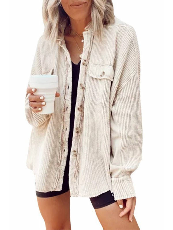 Oversized Waffle Knit Shirt Women Fall Shacket, Corduroy Long Sleeve Button Down Shirt Jacket