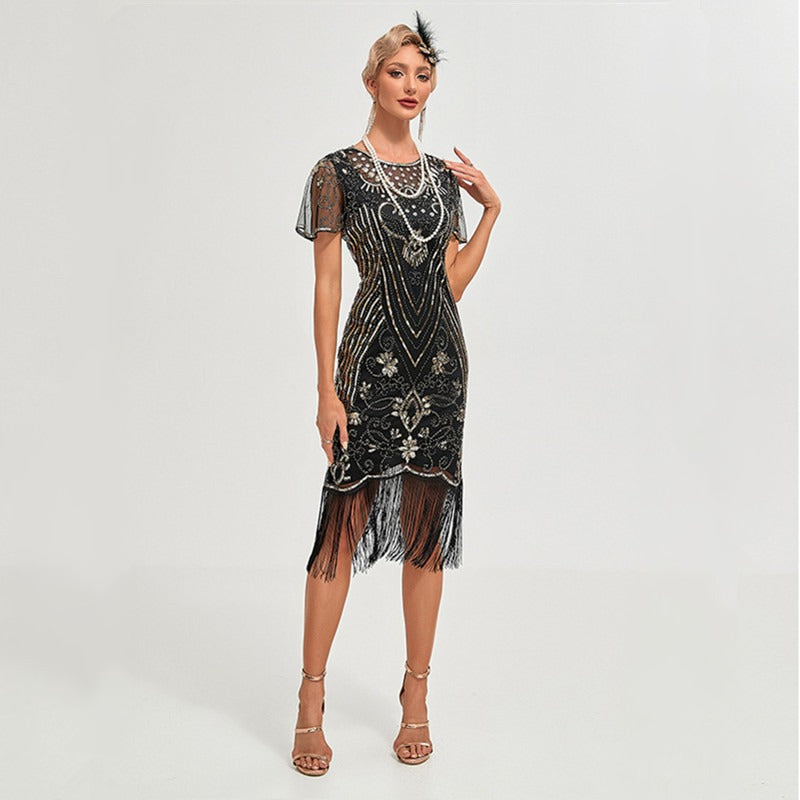 Womens Flapper Dress, 1920s Dress, Great Gatsby Lace Neck, Roaring 20s Costume with Sleeves