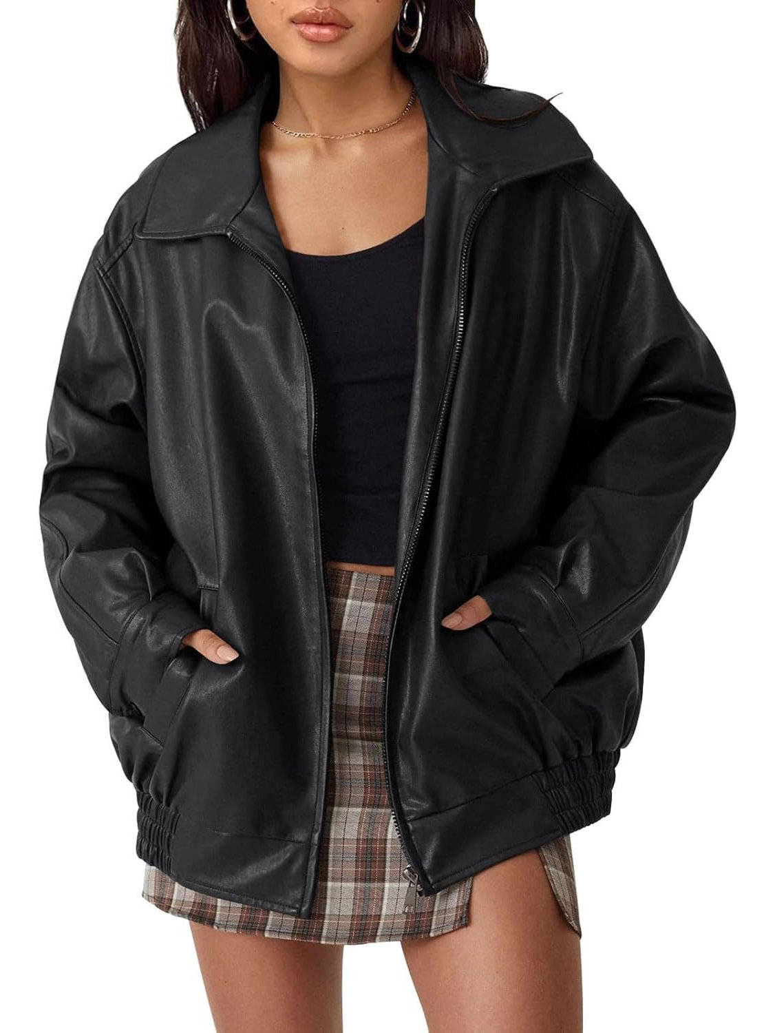 Womens Oversized Faux Leather Jacket, Boyfriend Biker Moto Coat, Medium Weight Fall Winter Outerwear