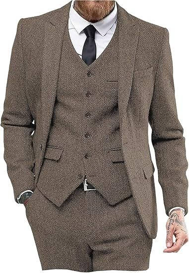 Men's 3 Piece Tweed Suit, Herringbone Blazer, Vest & Pants, Formal Business & Groom Outfit