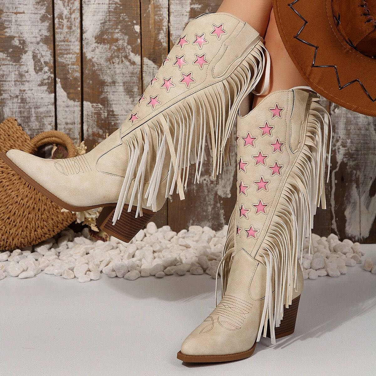 Western Boots for Women, Block Heel Fringe Star Knee High Boots for Casual and Everyday Wear