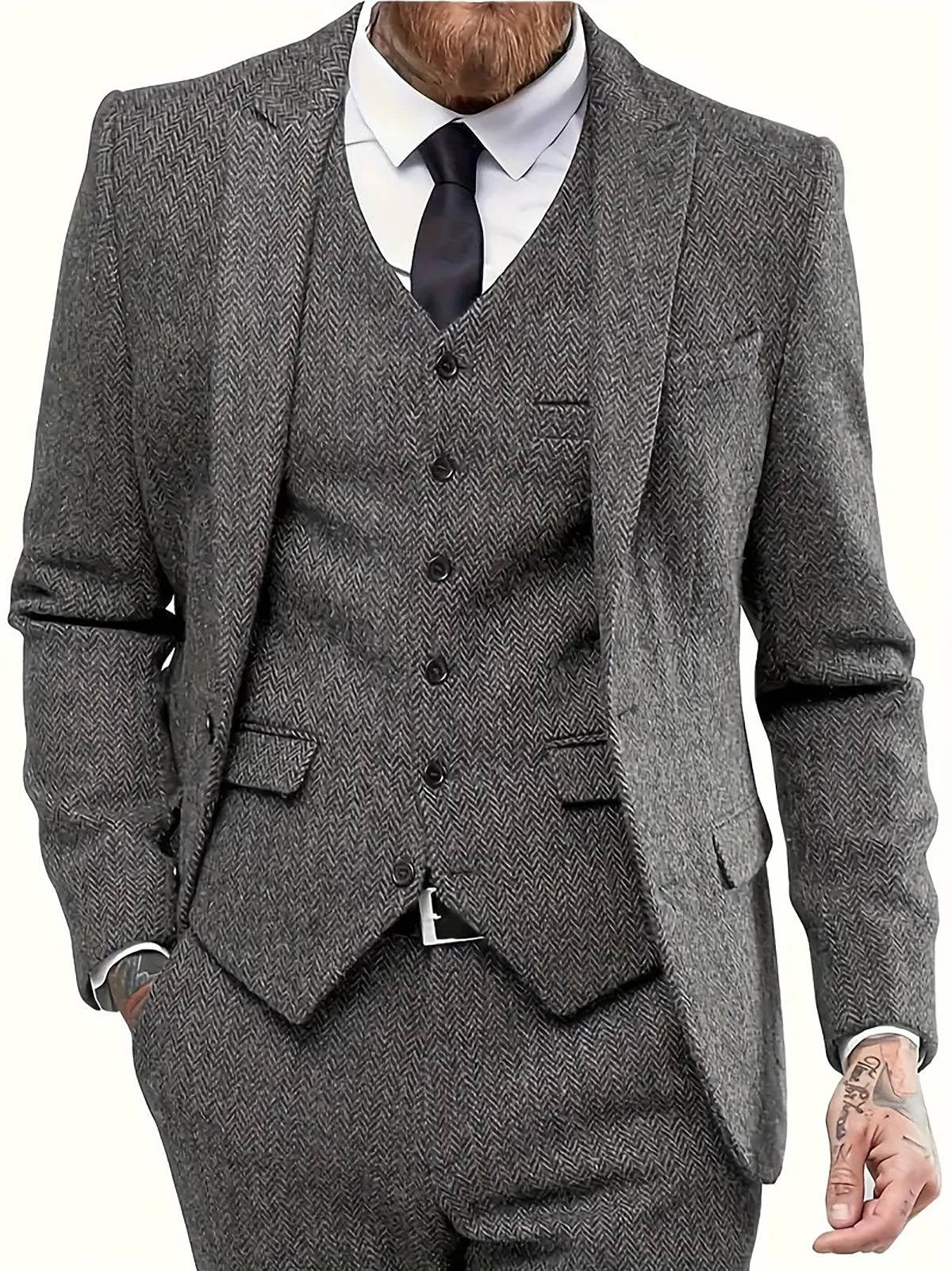 Men's 3 Piece Tweed Suit, Herringbone Blazer, Vest & Pants, Formal Business & Groom Outfit