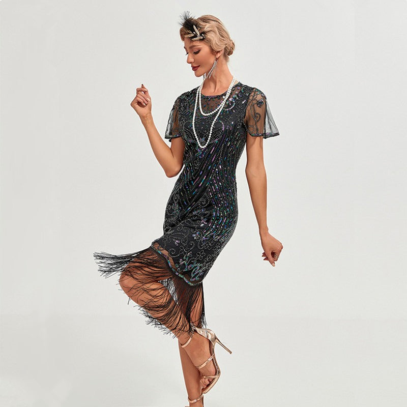 Womens Flapper Dress, 1920s Dress, Great Gatsby Lace Neck, Roaring 20s Costume with Sleeves
