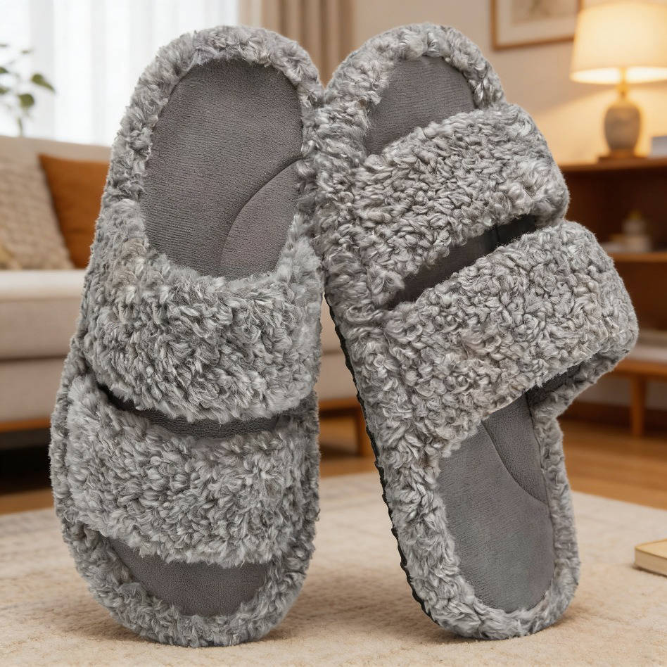 Women's Fuzzy Open Toe Slippers, Memory Foam Indoor House Shoes, Anti Slip Lightweight Indoor Outdoor Slippers