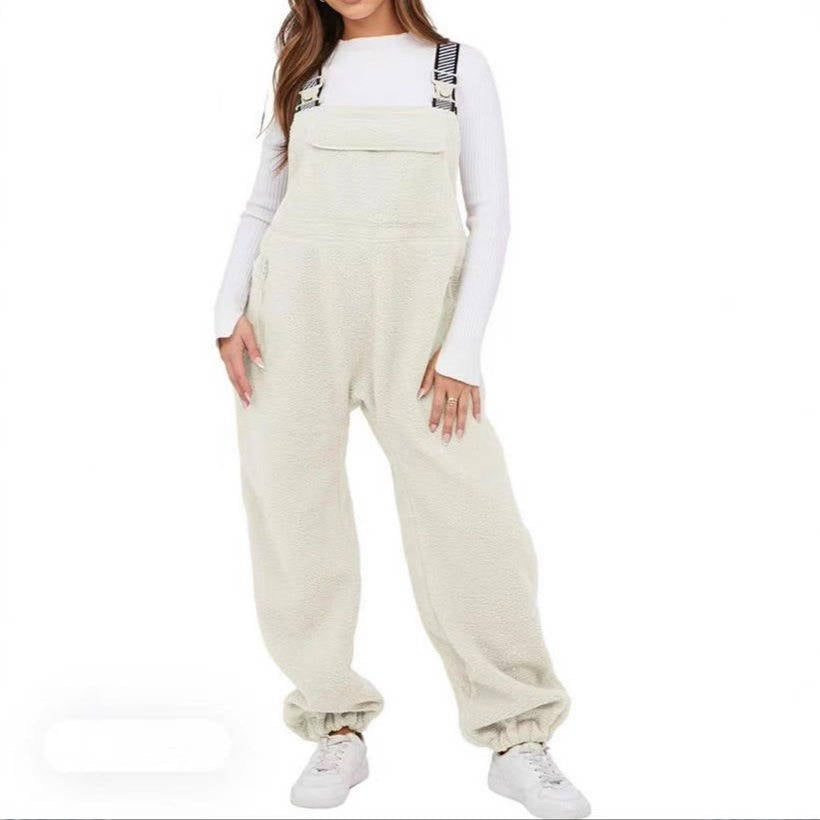 Womens Sherpa Overalls, Fleece Bib Pants, Loose Fit Thermal Jumpsuit with Adjustable Straps and Pockets