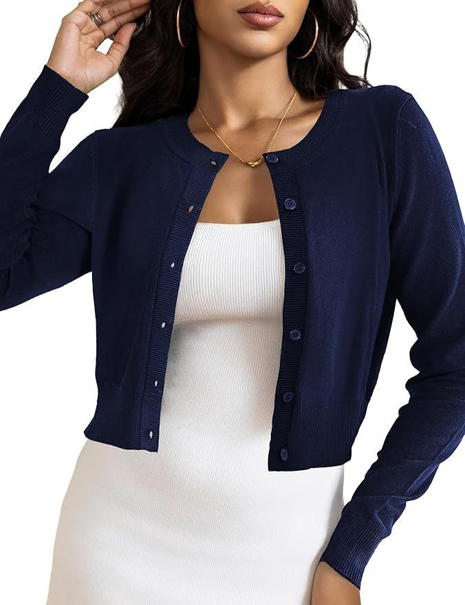 Cropped Cardigan Bolero Shrug for Women, Button Down Long Sleeve Knit Sweater for Dresses and Jeans