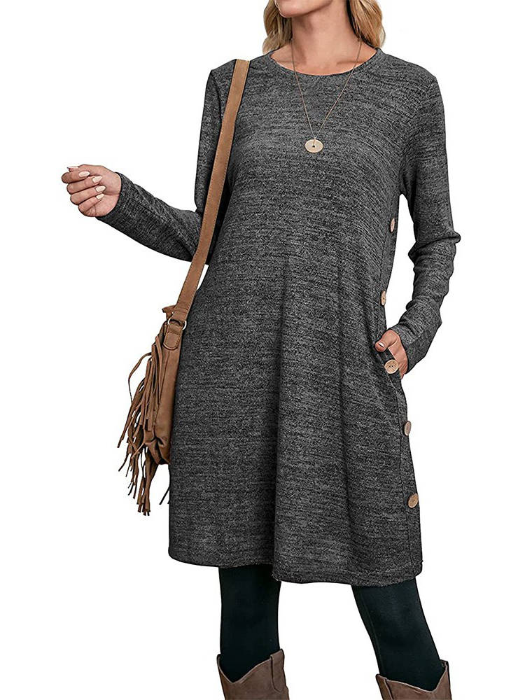 Womens Fall Dress, Crew Neck Long Sleeve Dress, Casual Midi Dress with Pockets