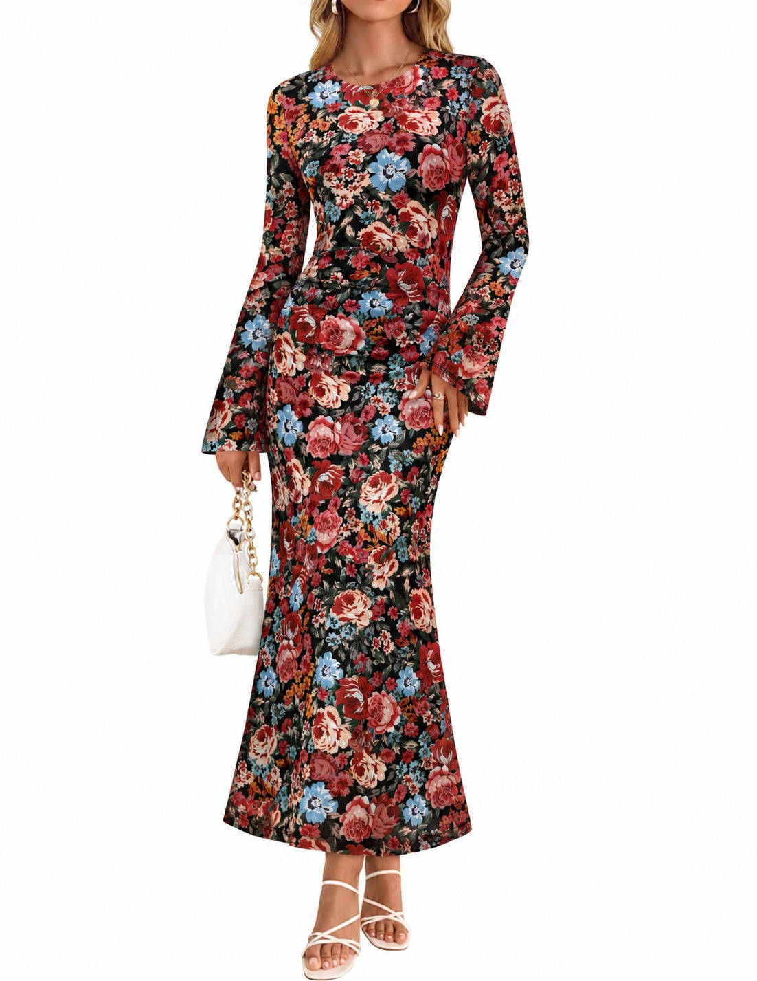 Womens Floral Maxi Dress, Long Sleeve Ruched Mesh Bodycon Dress, Elegant Fall Formal Dress