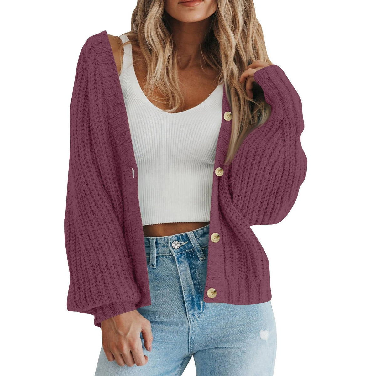 Womens Chunky Knit Open Front Sweater, Long Sleeve Button Loose Short Cardigan Outerwear Coat