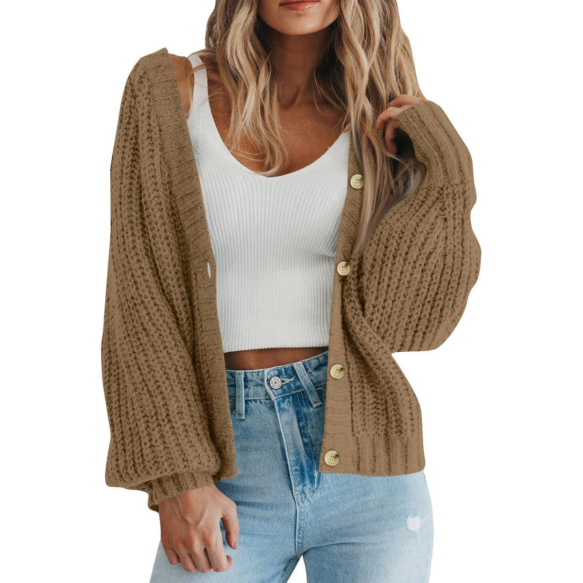 Womens Chunky Knit Open Front Sweater, Long Sleeve Button Loose Short Cardigan Outerwear Coat