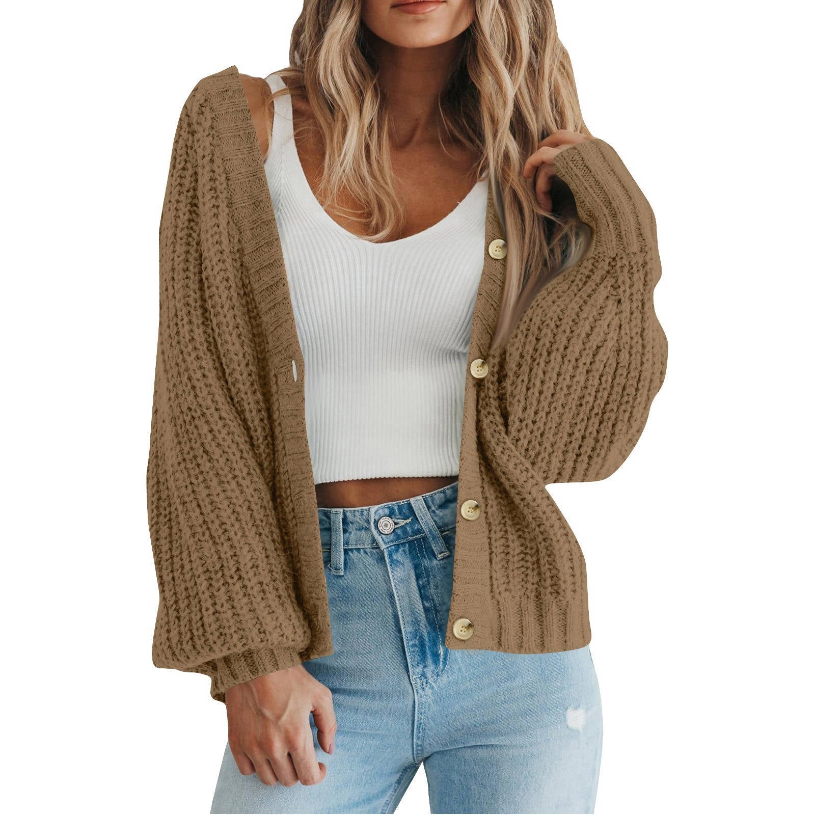 Women's Chunky Knit Open Front Sweater, Long Sleeve Button Loose Short Cardigan Outerwear Coat
