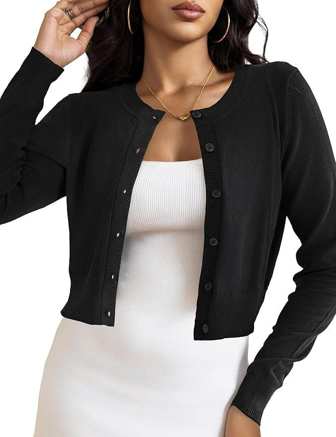 Cropped Cardigan Bolero Shrug for Women, Button Down Long Sleeve Knit Sweater for Dresses and Jeans