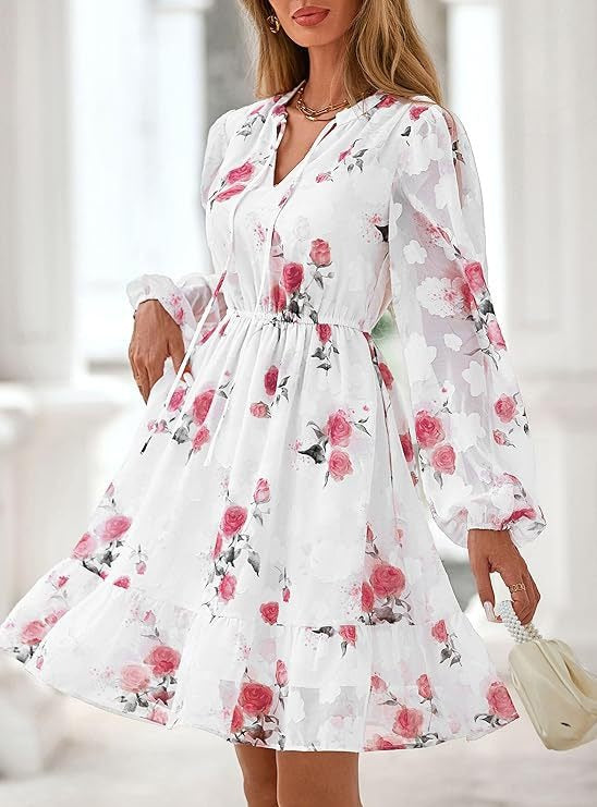 Women's Fall Boho Dresses, 2026 Floral Long Sleeve V Neck Mini Flowy Wedding Guest Dress, Trendy Vacation Outfit