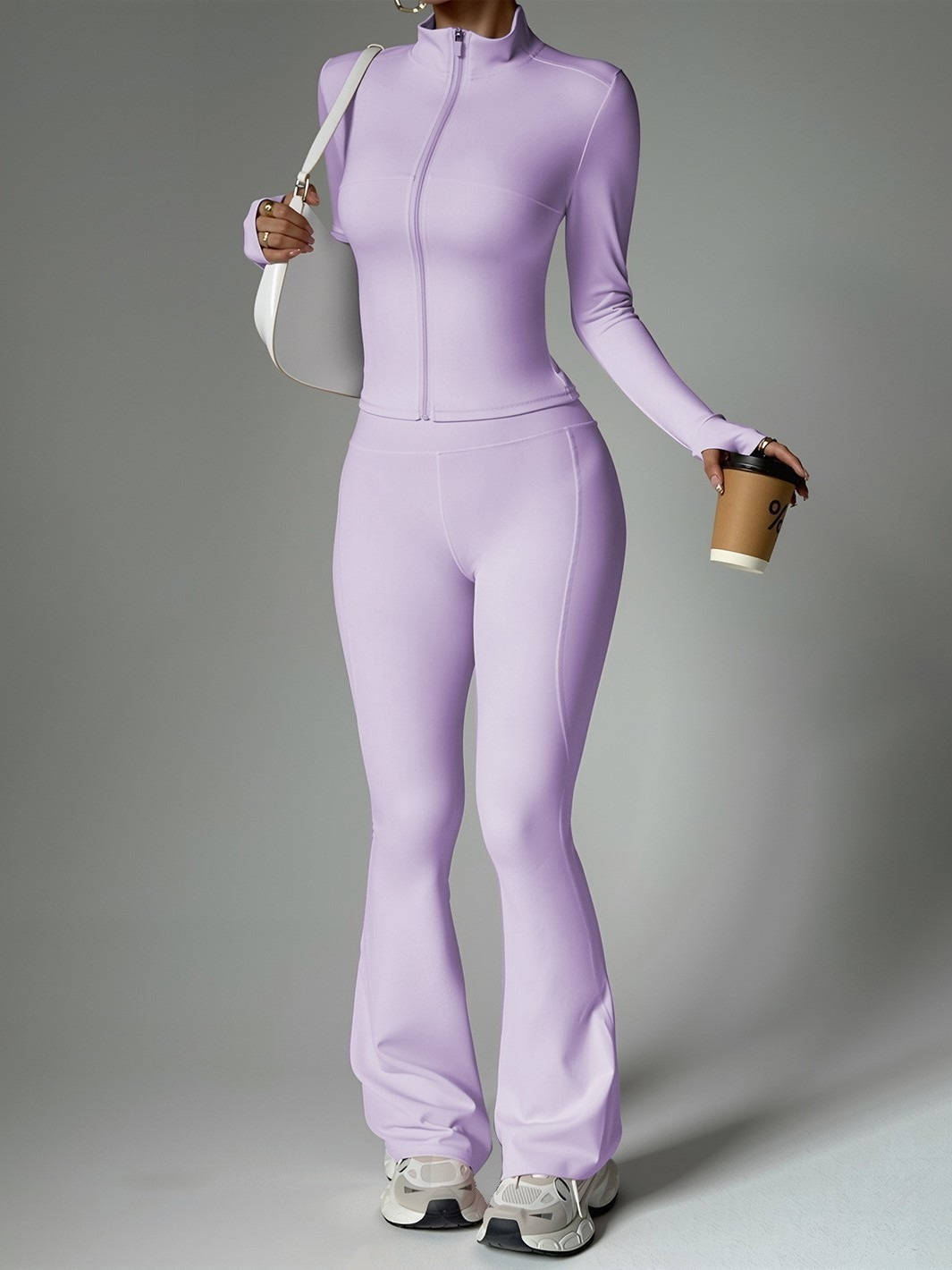 2 Piece Womens Activewear Set, Full Zip Stand Collar Jacket with Thumbholes and High Waisted Flared Pants for Yoga Gym Running