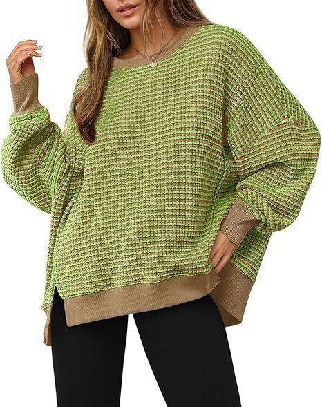 Womens Fall Oversized Sweatshirt, Casual Waffle Knit Long Sleeve Crewneck Split Pullover Tunic Tops