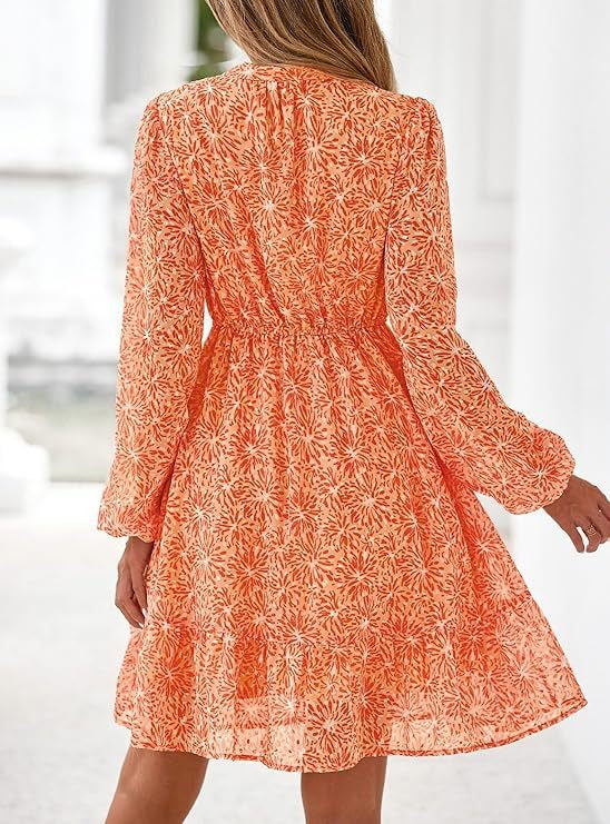 Women's Fall Boho Dresses, 2026 Floral Long Sleeve V Neck Mini Flowy Wedding Guest Dress, Trendy Vacation Outfit