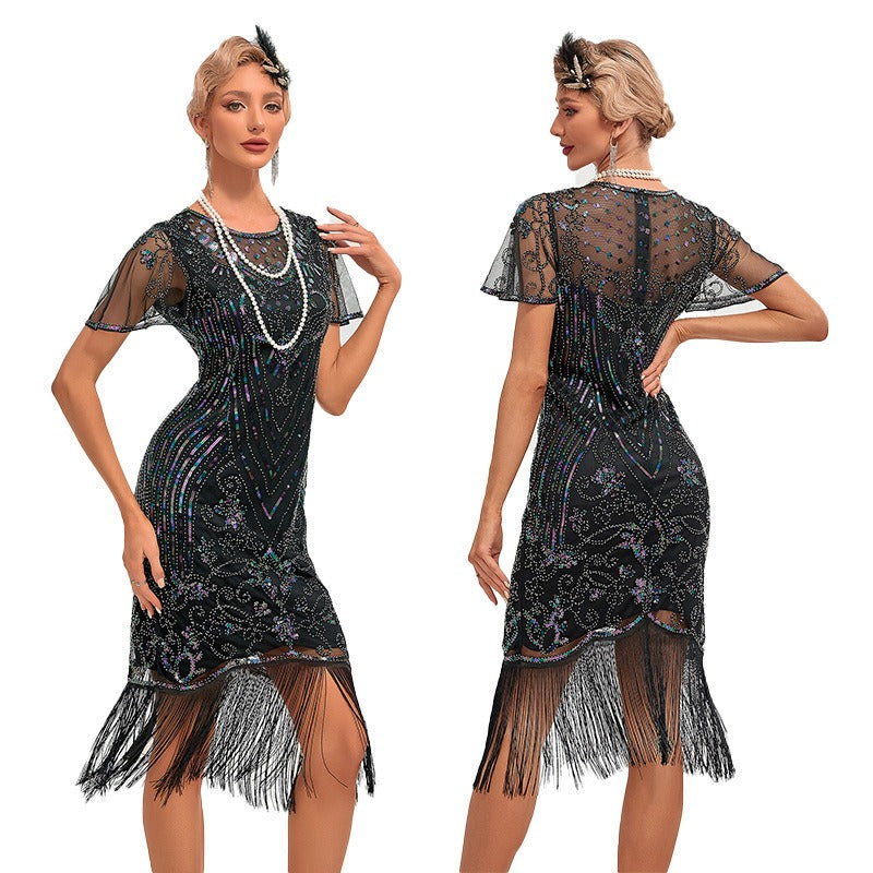 Womens Flapper Dress, 1920s Dress, Great Gatsby Lace Neck, Roaring 20s Costume with Sleeves