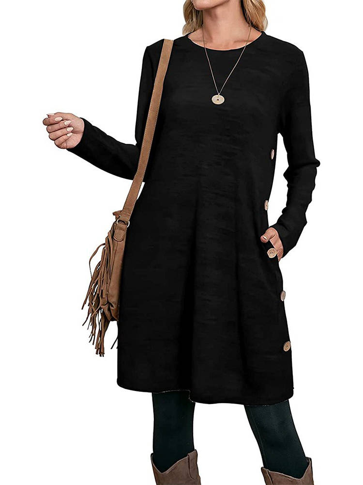 Womens Fall Dress, Crew Neck Long Sleeve Dress, Casual Midi Dress with Pockets