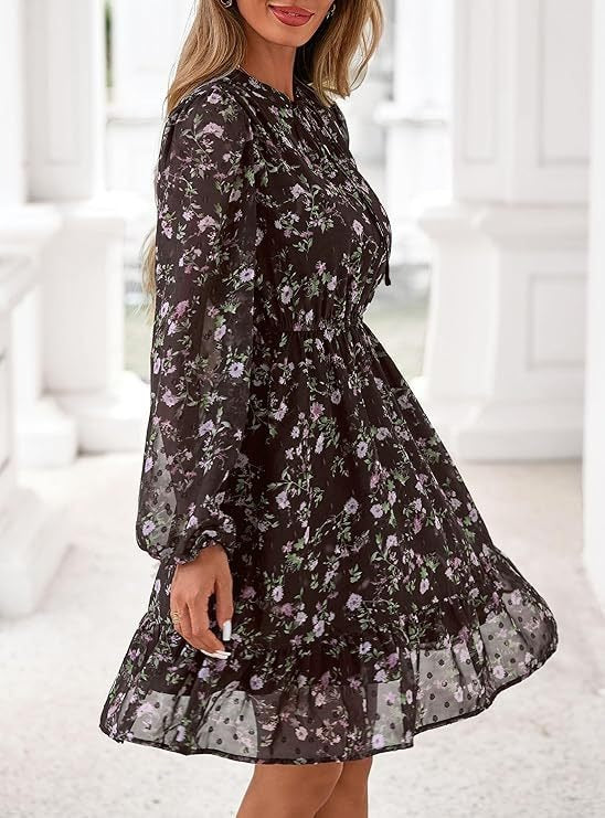 Women's Fall Boho Dresses, 2026 Floral Long Sleeve V Neck Mini Flowy Wedding Guest Dress, Trendy Vacation Outfit