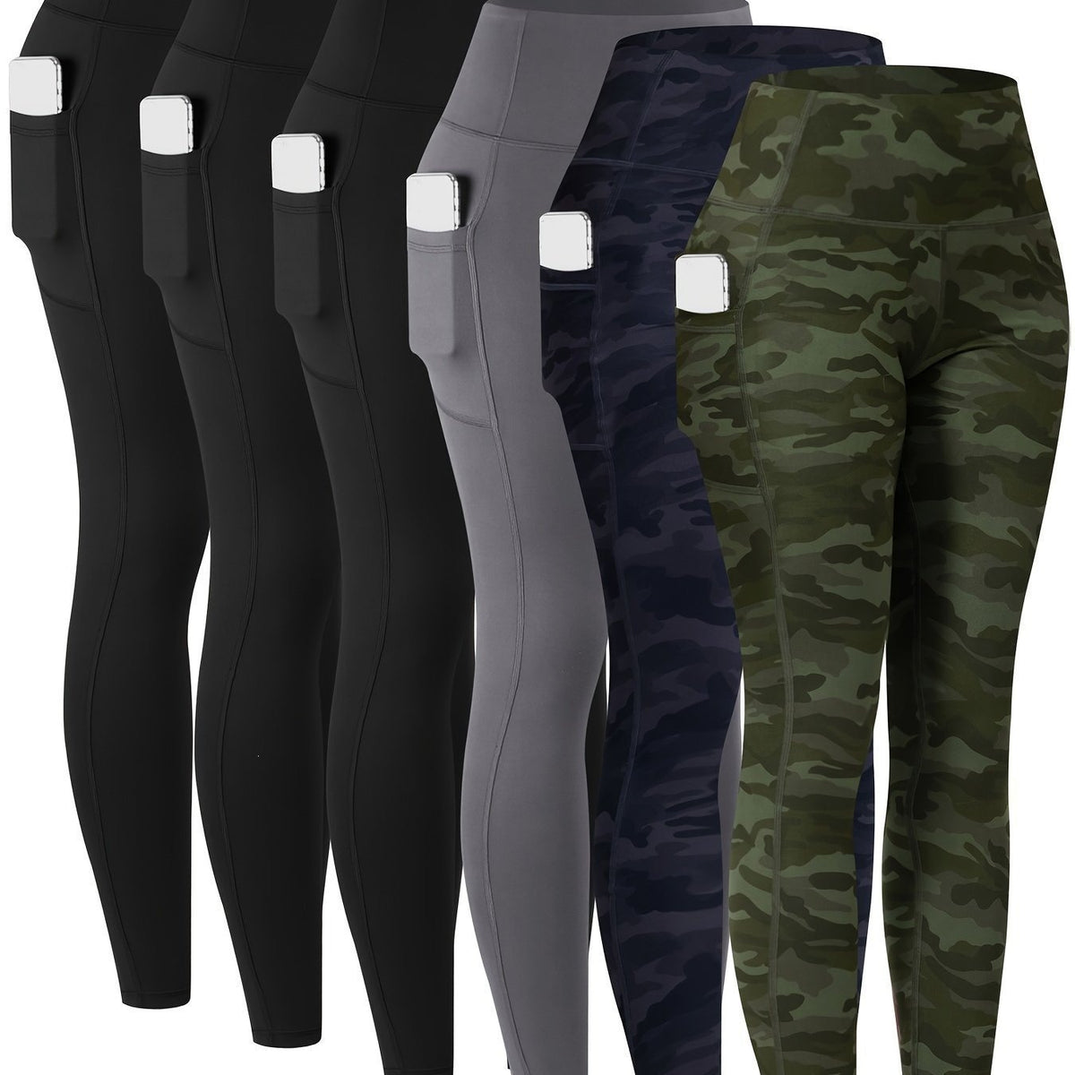 Womens Leggings with Pockets, 6 Pack Soft High Waisted Tummy Control Workout Yoga Pants